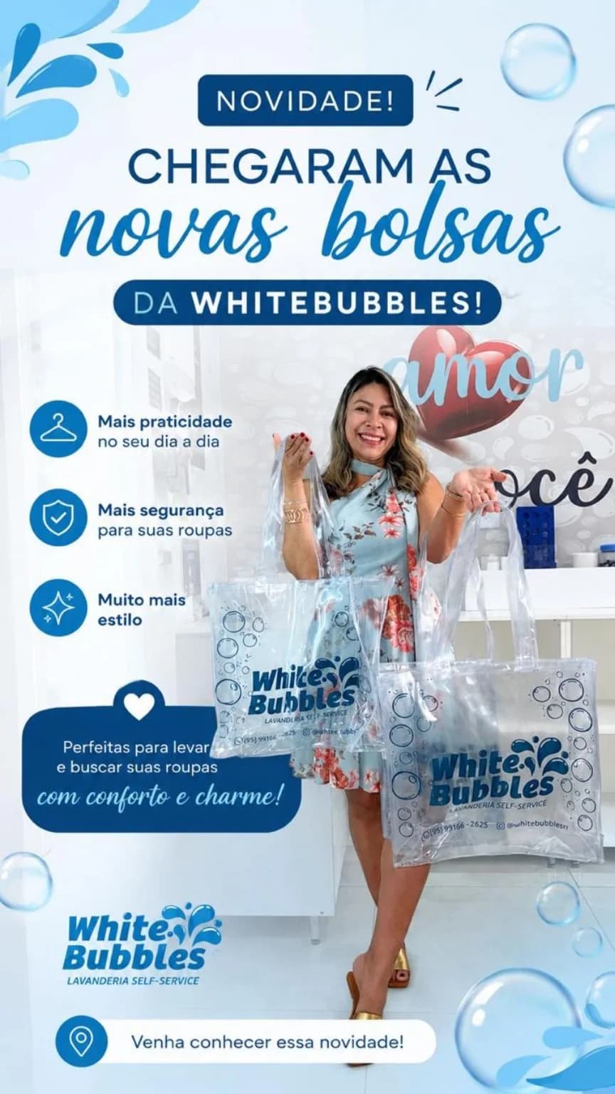 Cliente com as bolsas personalizadas White Bubbles, recompensa do programa de fidelidade